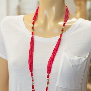 Vintage Long Red Glass Seed Beed Great Gatsby 20's Flapper Necklace Costume